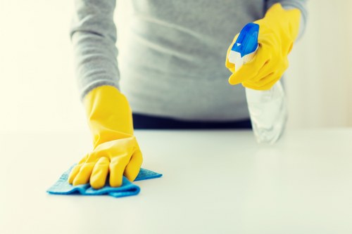 Cleaner maintaining shared hallway and lift lobby in a residential block