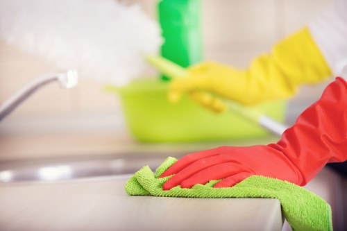 Local carpet cleaning team treating a busy carpeted floor